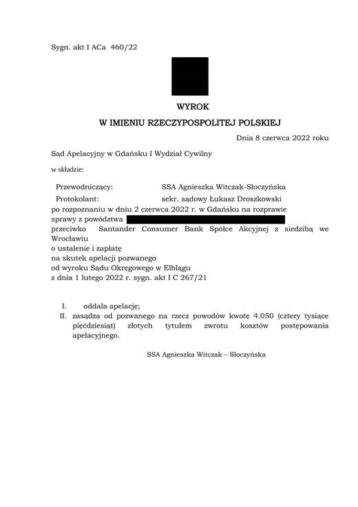 Skan: Sygn. akt I ACa 460/22, wyrok z 8 czerwca 2022 r.
